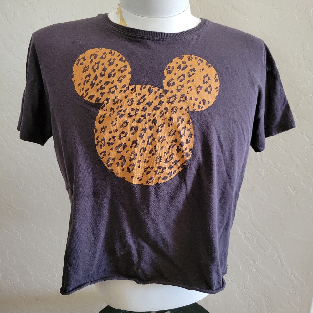 Disney Mickey Mouse Leopard Print Gray Cropped Tee 2XL